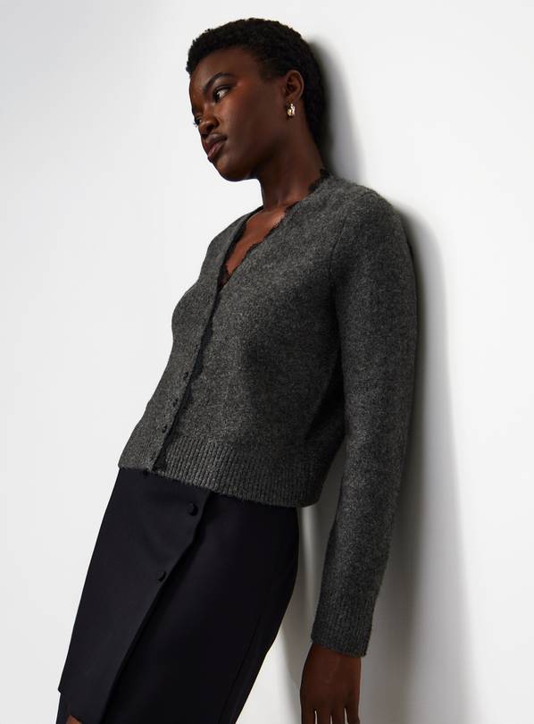 Grey Lace Trim V Neck Cardigan 16