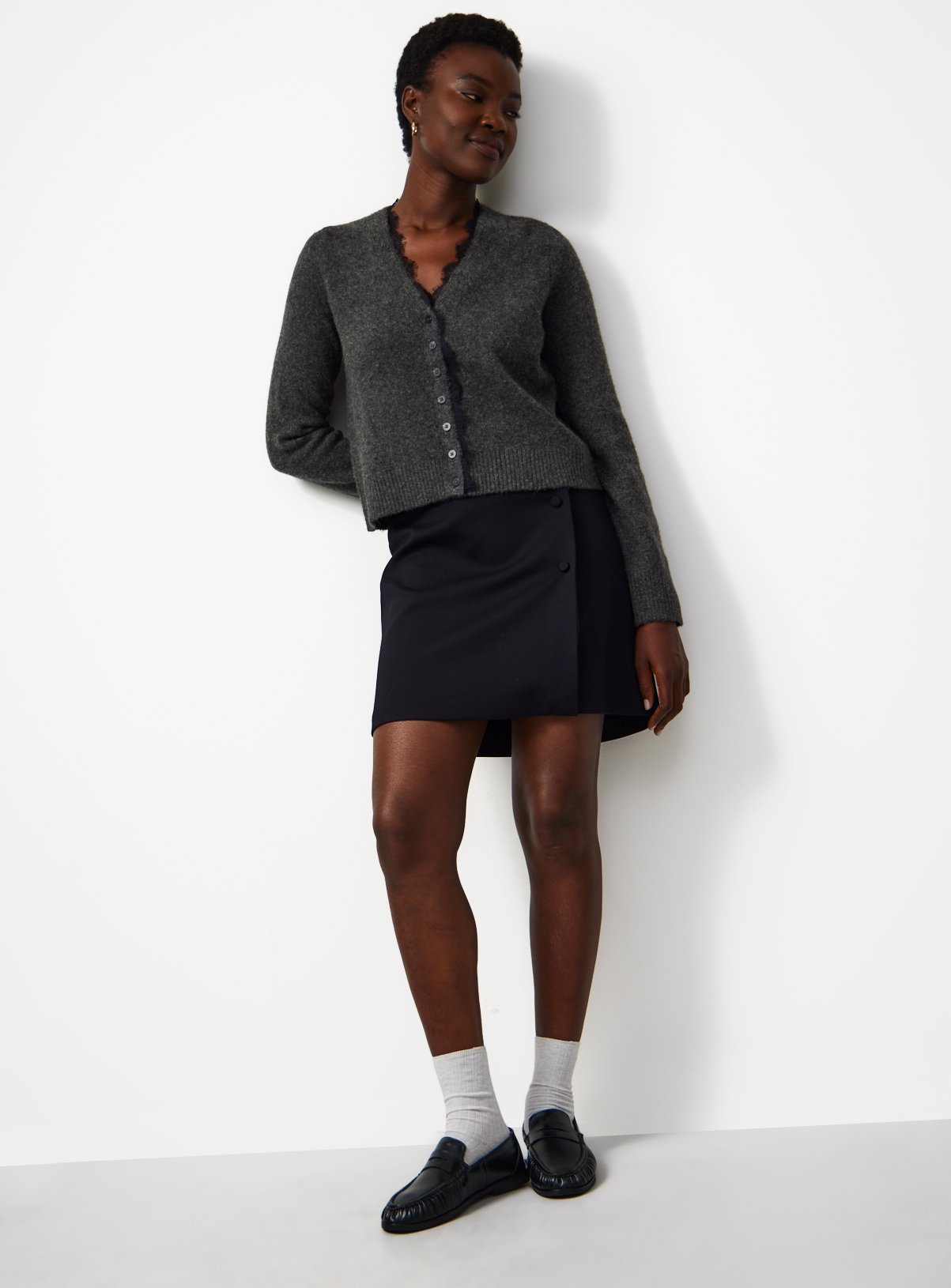 Grey Lace Trim V Neck Cardigan 16 - Image 2 thumbnail