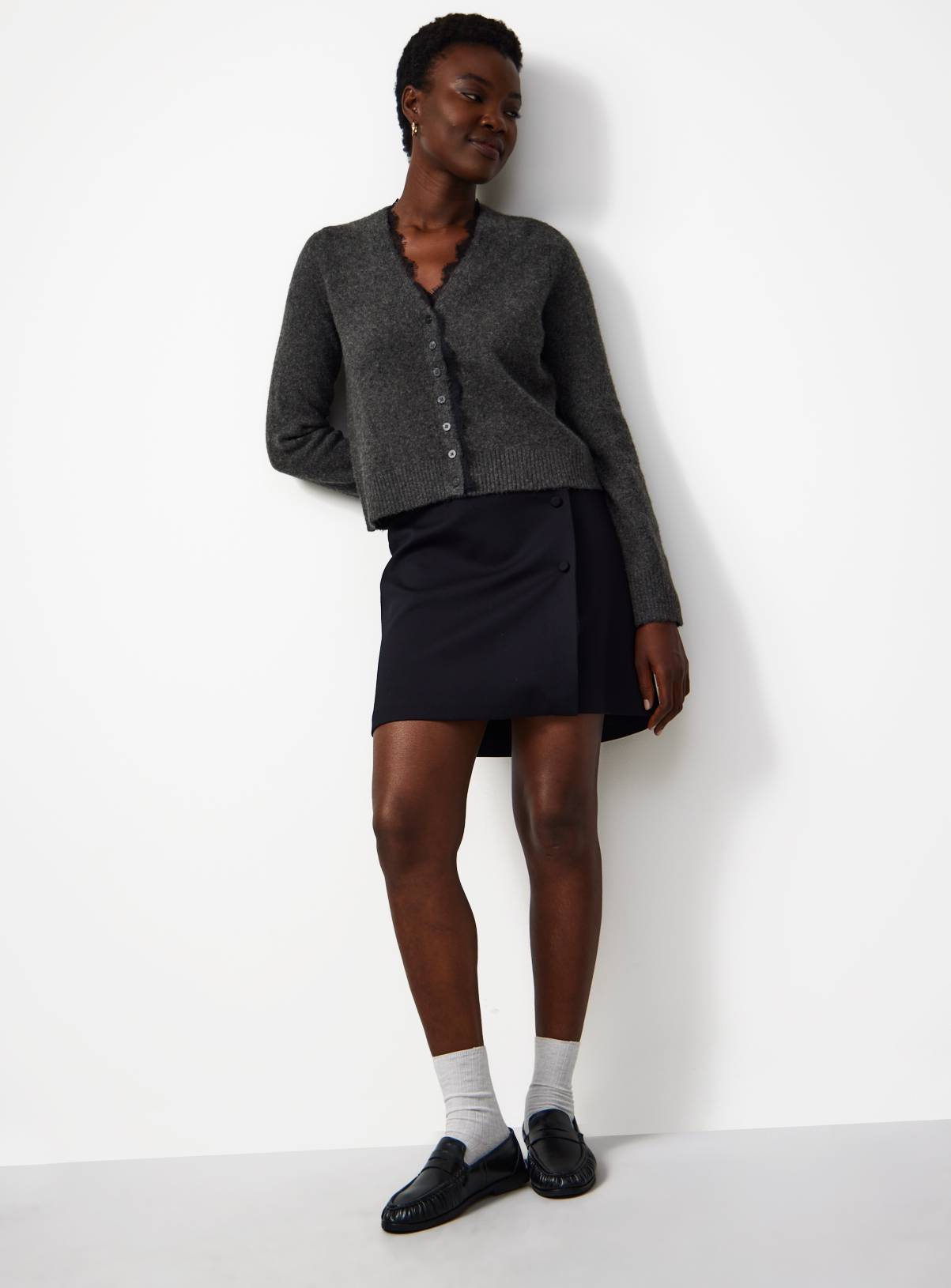 Grey Lace Trim V Neck Cardigan 16 - Image 2