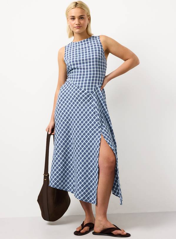 Blue Checked Print Asymmetric Hem Sleeveless Midaxi Dress 8