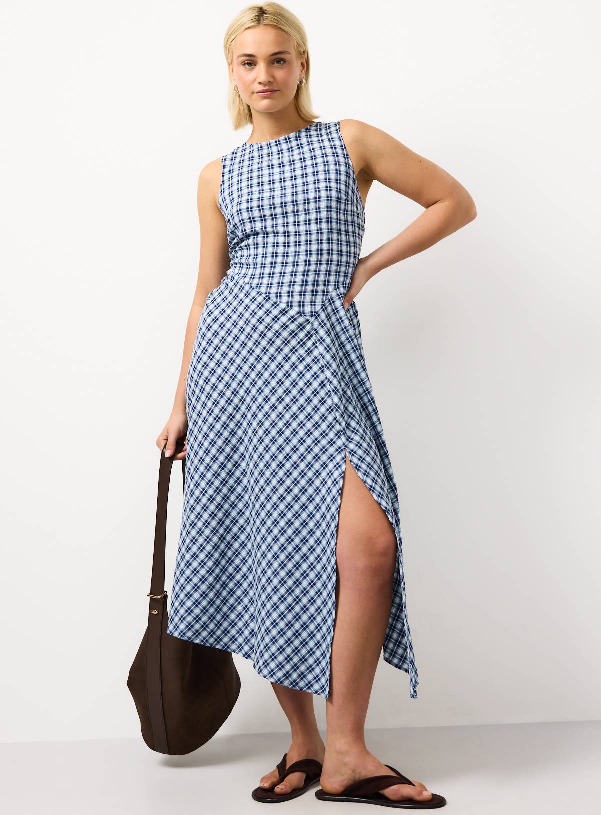 Blue Checked Print Asymmetric Hem Sleeveless Midaxi Dress 6 - Image 1