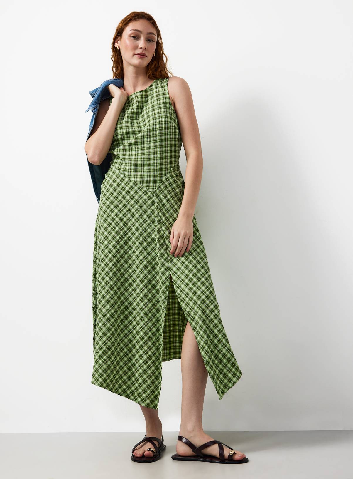 Green Checked Print Asymmetric Hem Sleeveless Midaxi Dress 16 - Image 2