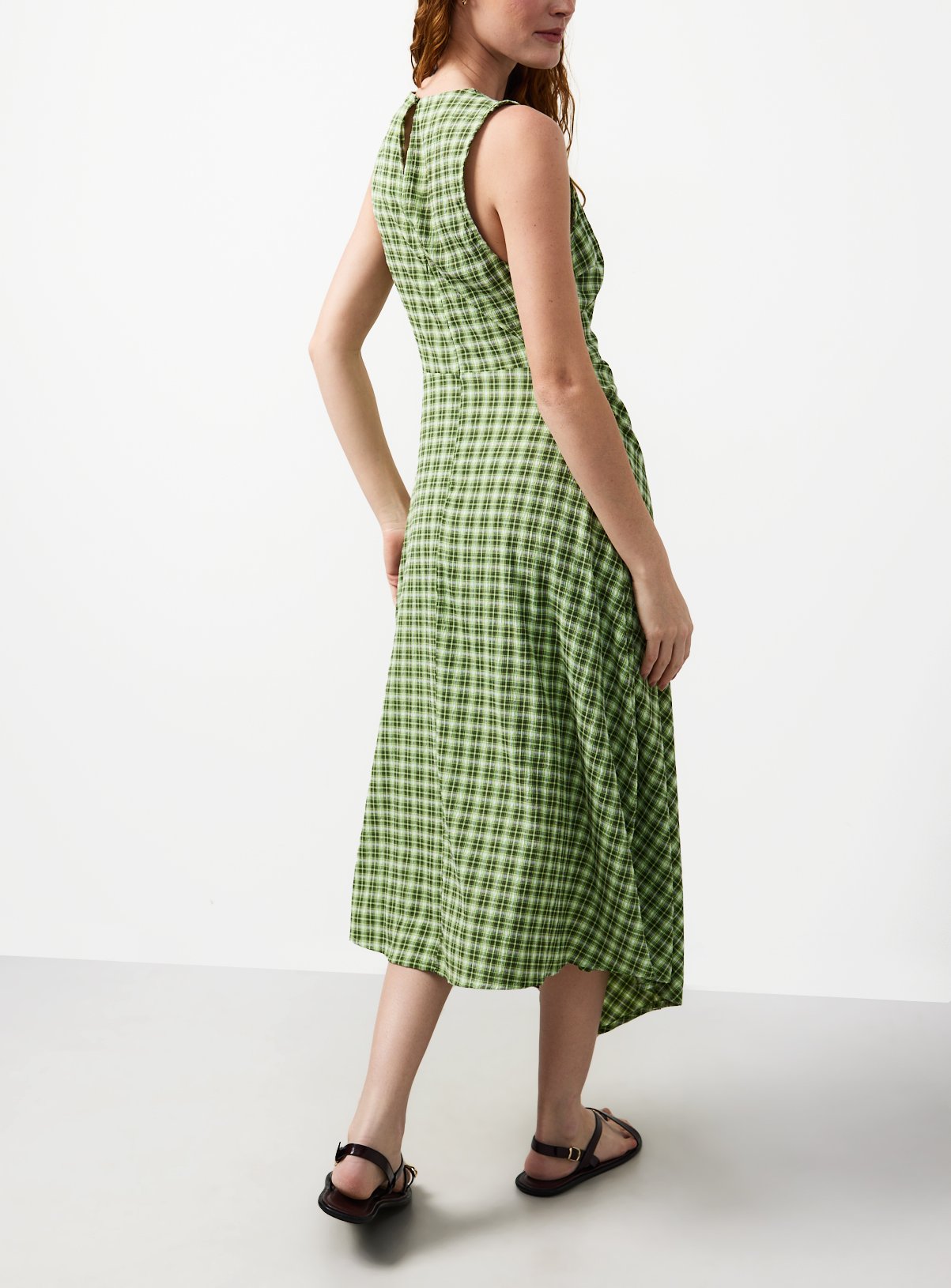 Buy Green Checked Print Asymmetric Hem Sleeveless Midaxi Dress 10 | Midaxi dresses