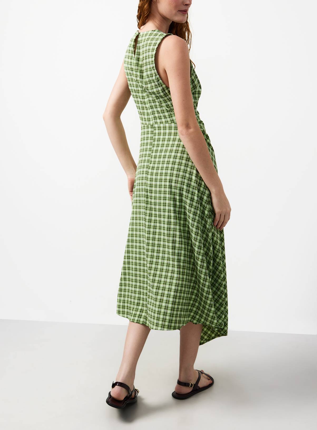 Green Checked Print Asymmetric Hem Sleeveless Midaxi Dress 16 - Image 4