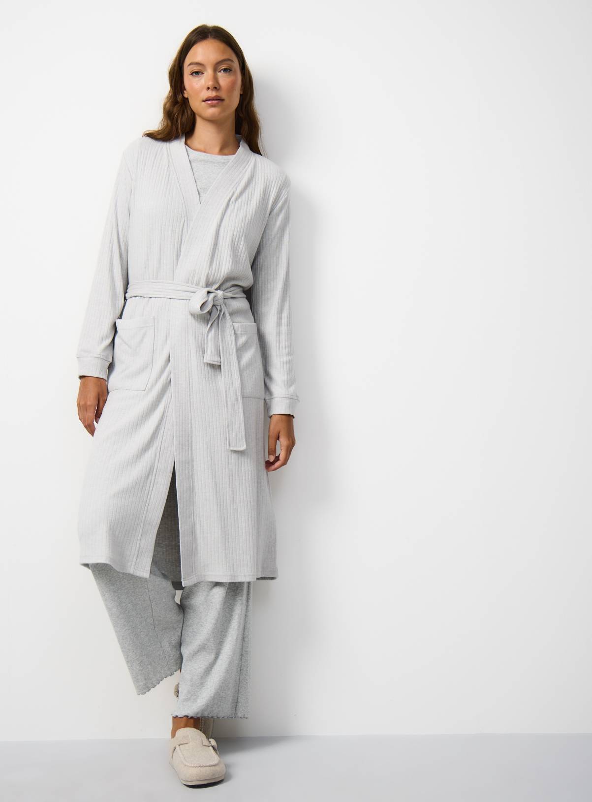 Grey Ribbed Dressing Gown S - Image 1