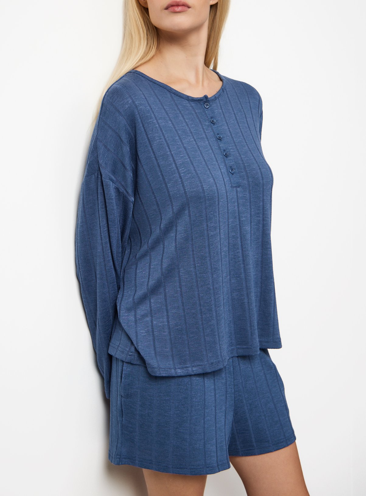 Blue Wide Rib Long Sleeve Pyjama Co-ord Top M - Image 2 thumbnail