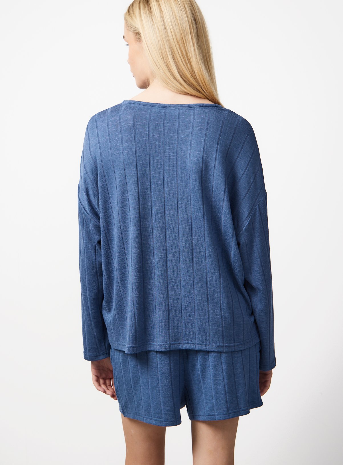 Blue Wide Rib Long Sleeve Pyjama Co-ord Top M - Image 4 thumbnail