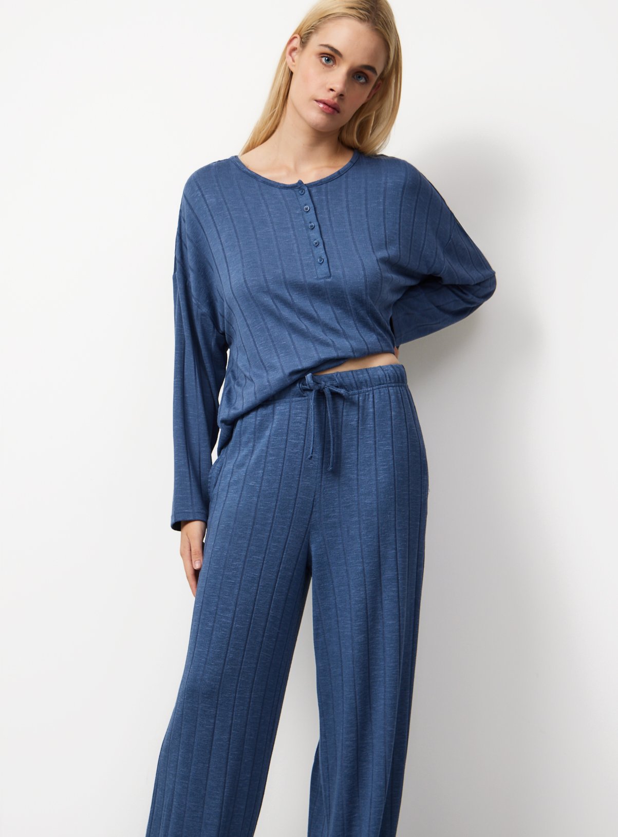 Blue Wide Rib Wide Leg Pyjama Co-ord Bottoms L - Image 2 thumbnail