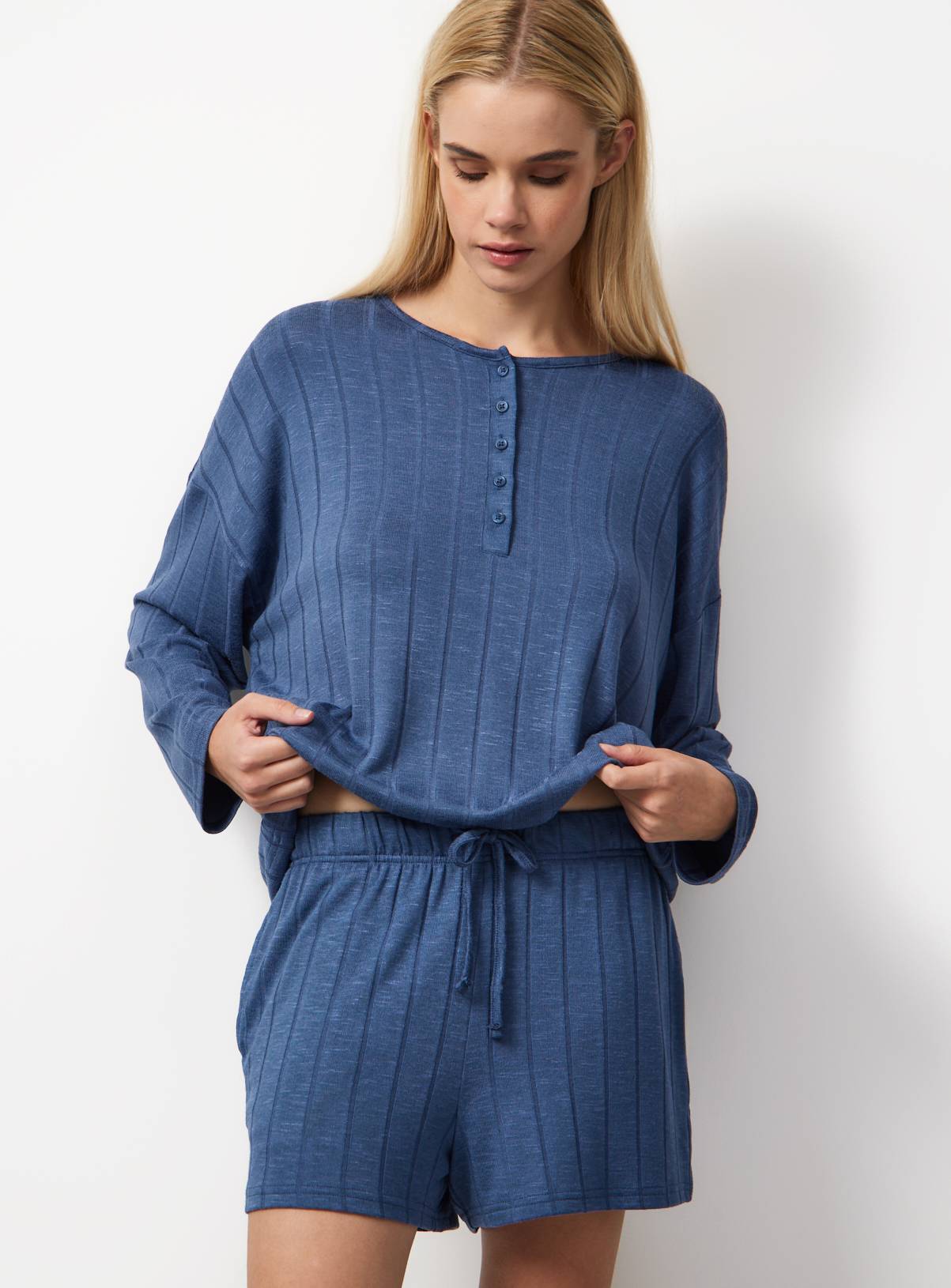Blue Wide Rib Wide Leg Pyjama Co-ord Shorts M - Image 1