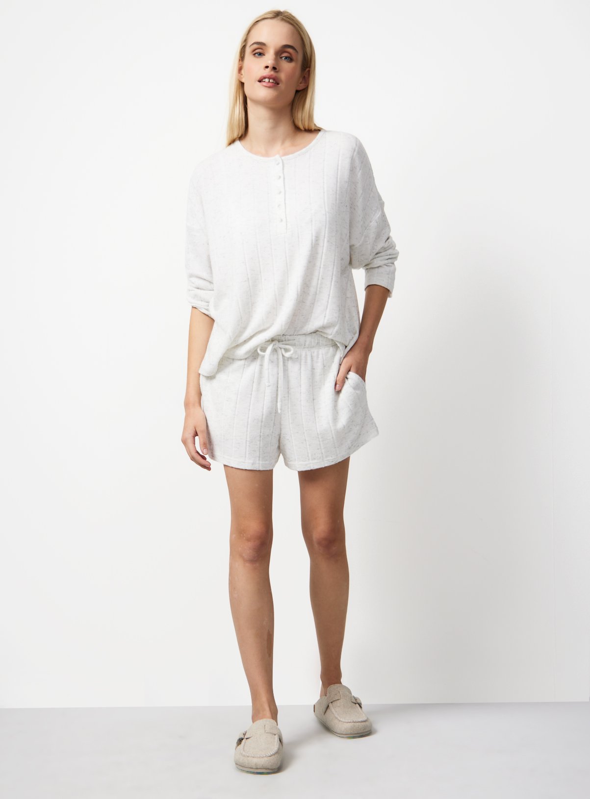 Grey Wide Rib Wide Leg Pyjama Co-ord Shorts S - Image 2 thumbnail