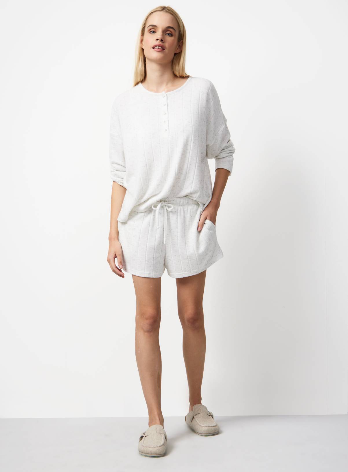 Grey Wide Rib Wide Leg Pyjama Co-ord Shorts S - Image 2