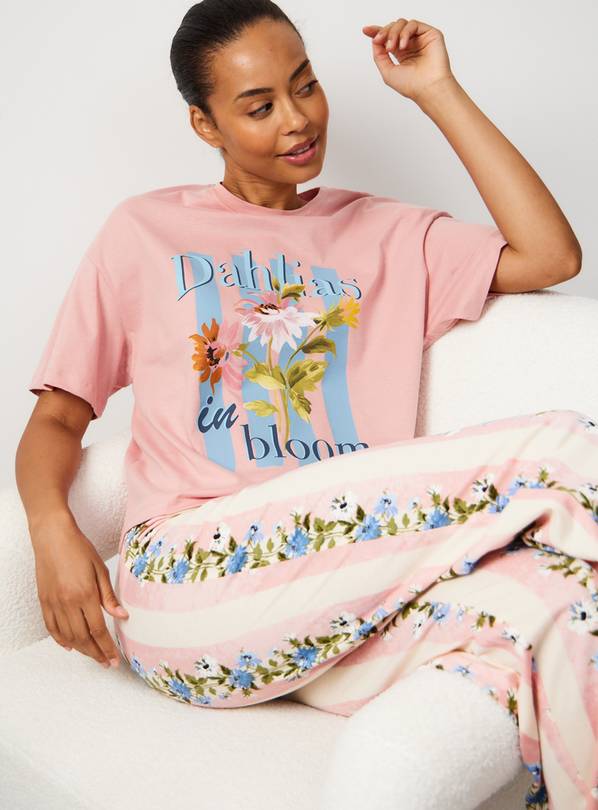 Pink Dahlia Floral Stripe Pyjamas S