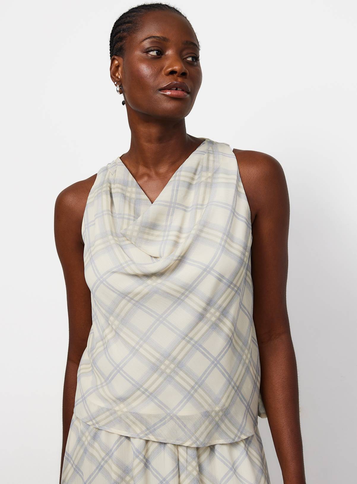 Blue Check Chiffon Cowl Neck Top 14 - Image 1