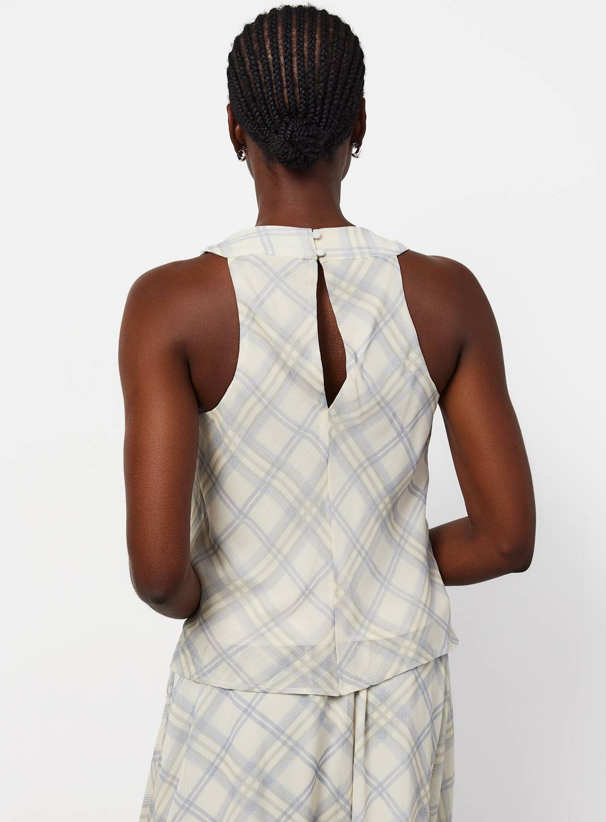 Blue Check Chiffon Cowl Neck Top 14 - Image 4