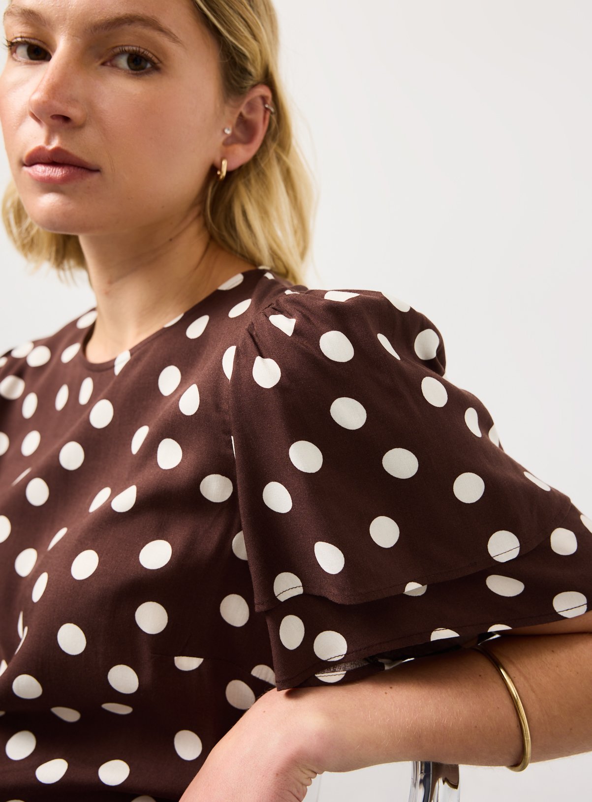 Brown Polka Dot Print Tie Waist Top 10 - Image 3 thumbnail