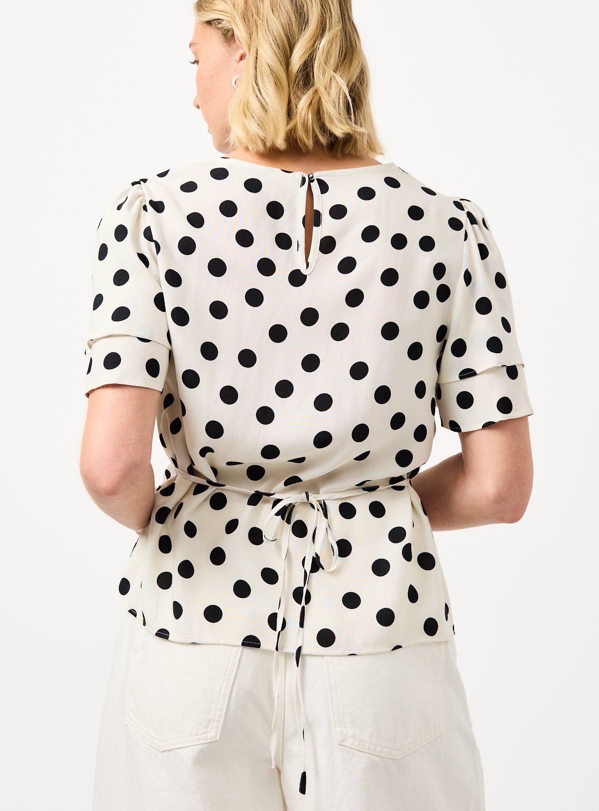 Cream Polka Dot Print Tie Waist Top 12 - Image 4 thumbnail