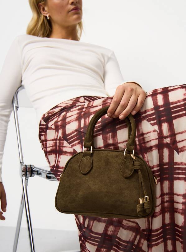 Khaki Faux Suede Mini Bowler Crossbody Bag One Size
