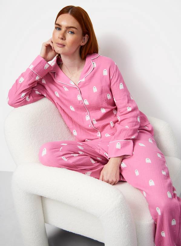 Pink Halloween Ghost Print Traditional Pyjamas XS