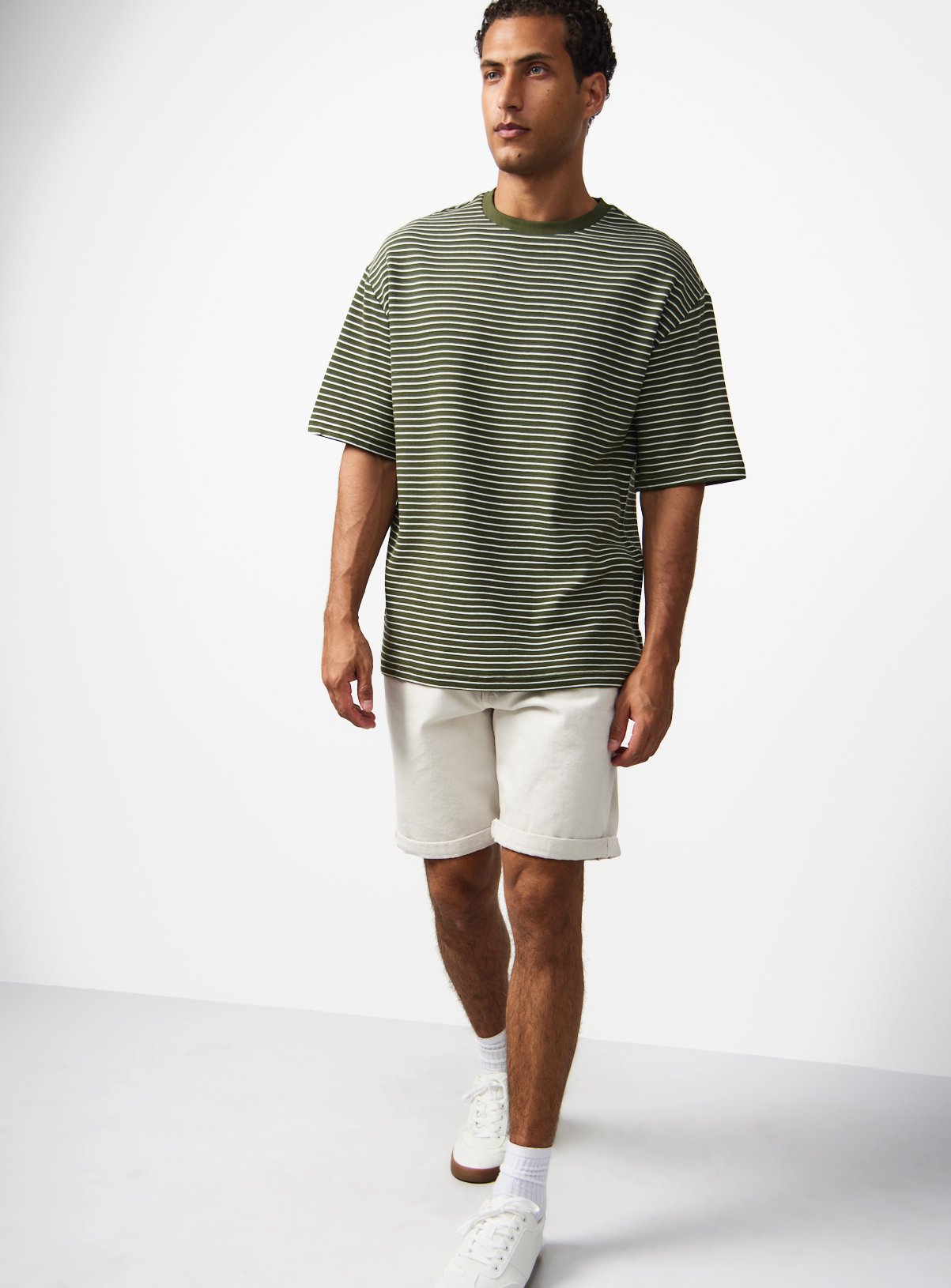 Khaki Stripe Print Relaxed Fit T-Shirt M - Image 2 thumbnail