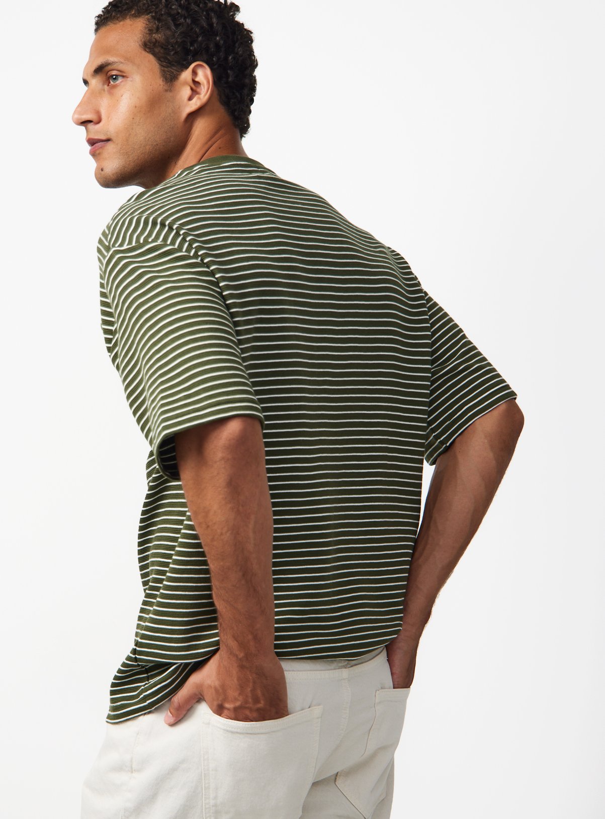 Khaki Stripe Print Relaxed Fit T-Shirt M - Image 5 thumbnail
