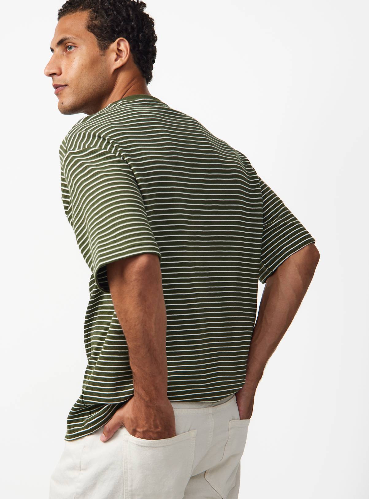 Khaki Stripe Print Relaxed Fit T-Shirt M - Image 5