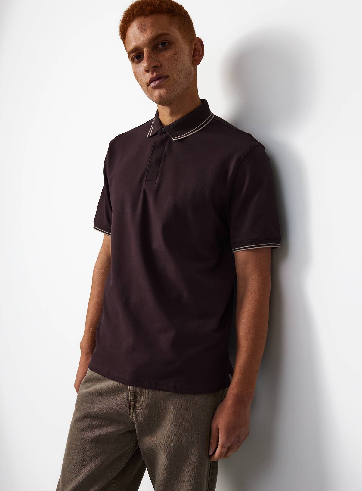 Brown Tipped Collar Polo Shirt L - Image 1