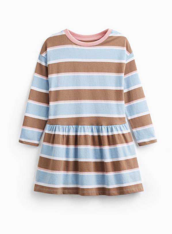 Blue Stripe Print Long Sleeve Drop Hem Jersey Dress 3-4 years