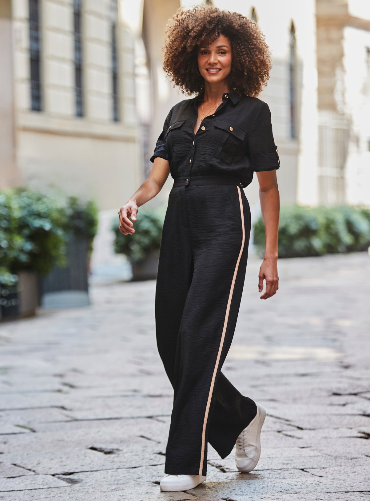 SOSANDAR Black & Taupe Side Stripe Button Front Jumpsuit 18R - Image 4 thumbnail