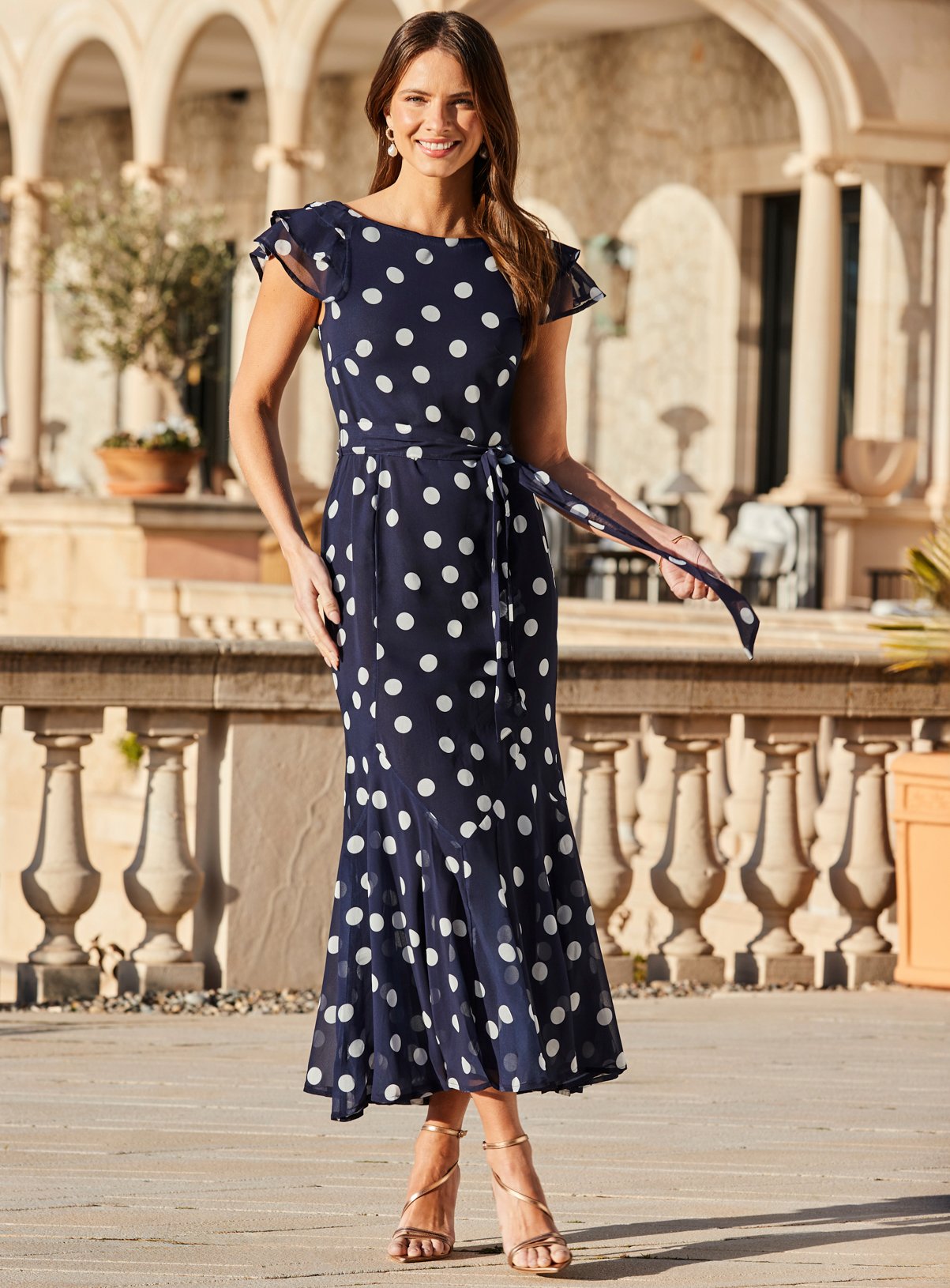 SOSANDAR Navy Blue Spot Print Frill Hem Midaxi Dress 8 - Image 4 thumbnail