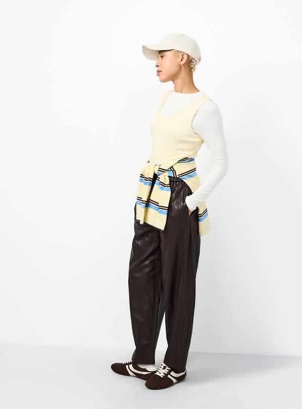Brown Relaxed Barrel Pull On Pu Trousers 18
