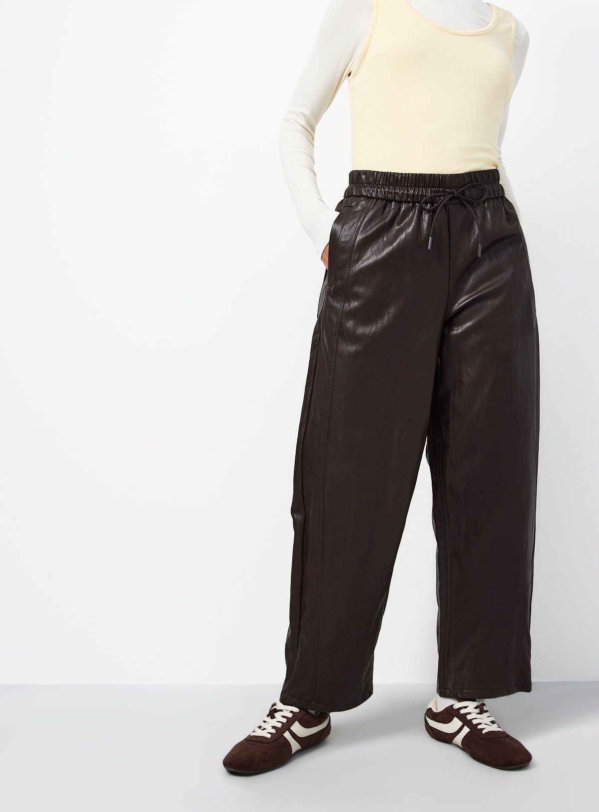 Brown Relaxed Barrel Pull On Pu Trousers 22 - Image 2 thumbnail