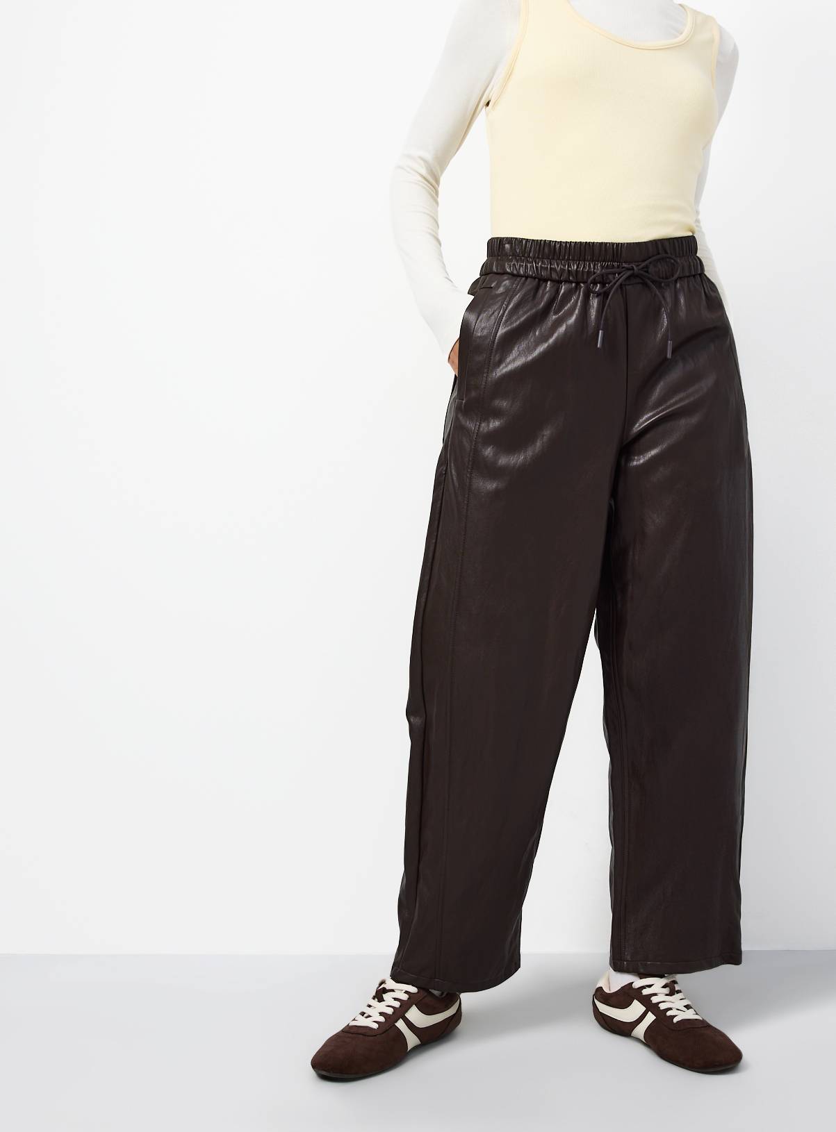 Brown Relaxed Barrel Pull On Pu Trousers 22 - Image 2