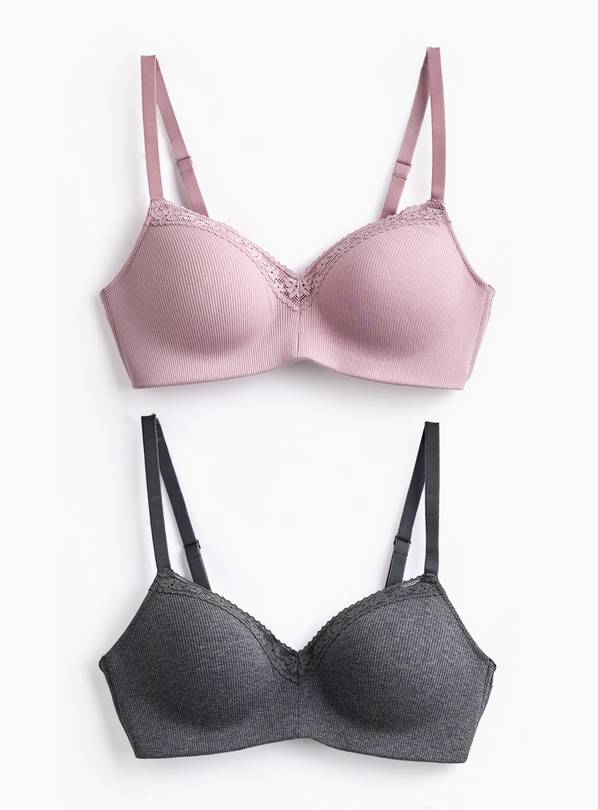  Lilac & Charcoal Ribbed Plunge Bras 2 Pack 36E