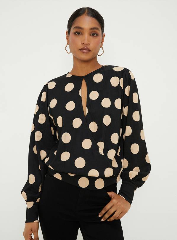 DOROTHY PERKINS Spot Key Hole Wrap Long Sleeve Top S