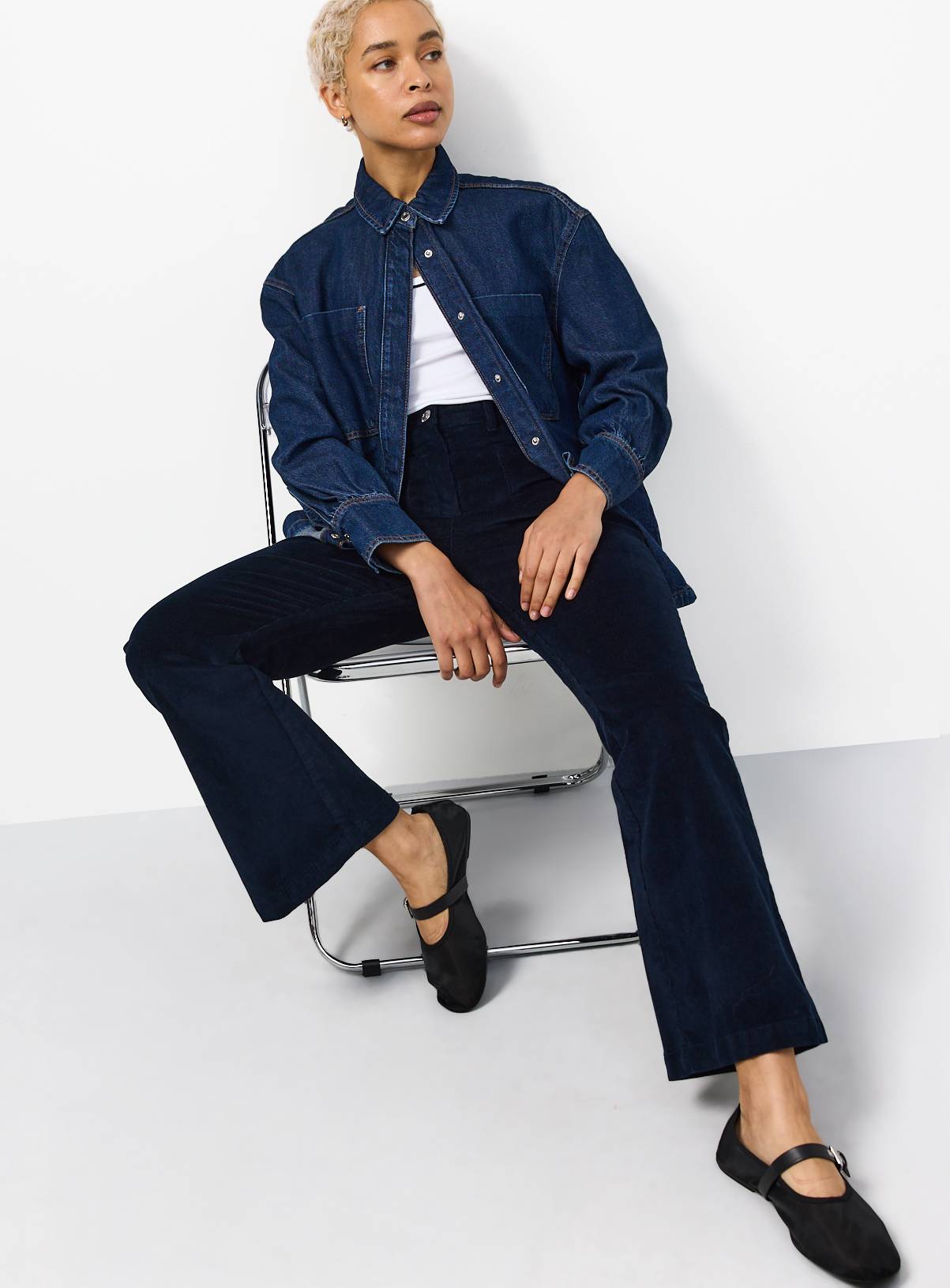 Navy Patch Pocket Flare Corduroy Trousers 22 - Image 1
