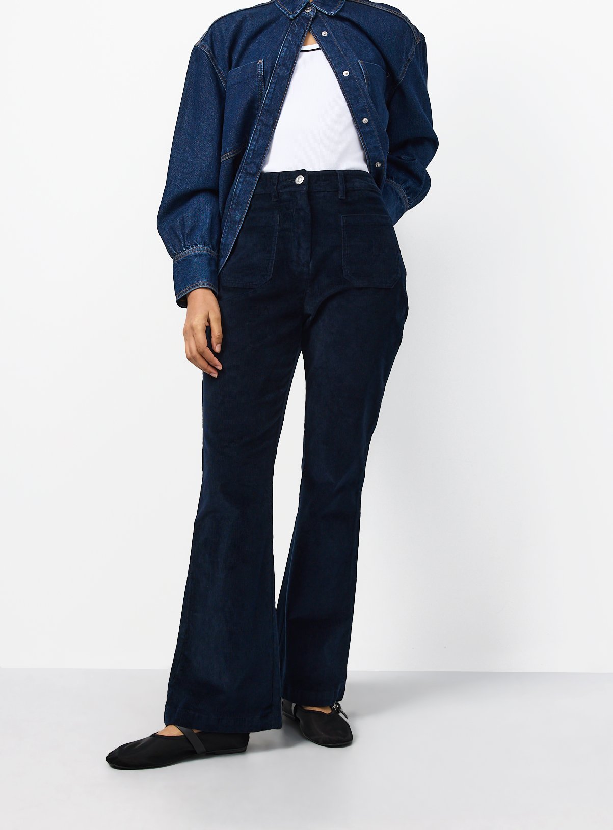 Navy Patch Pocket Flare Corduroy Trousers 22 - Image 2 thumbnail