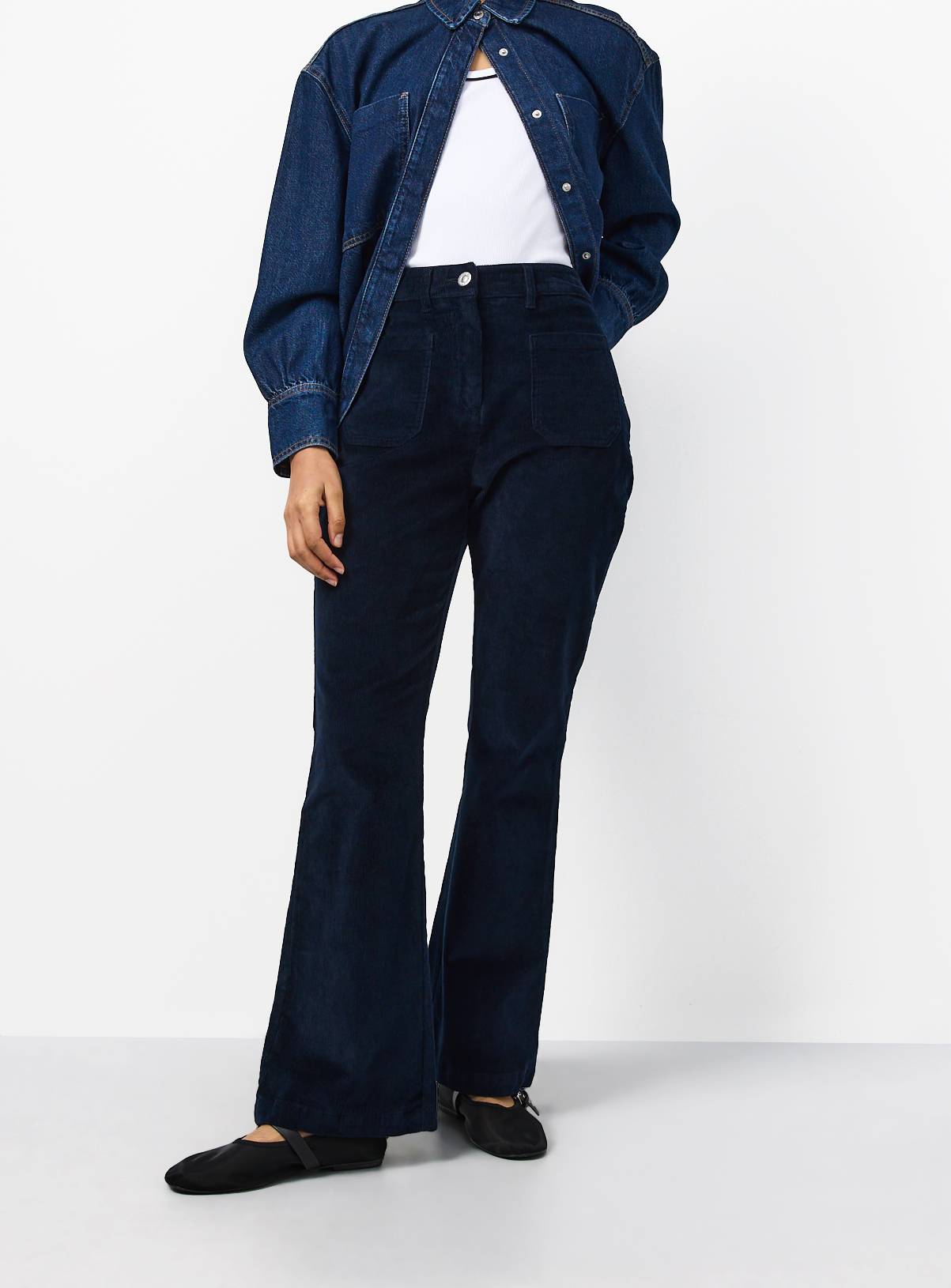 Navy Patch Pocket Flare Corduroy Trousers 22 - Image 2