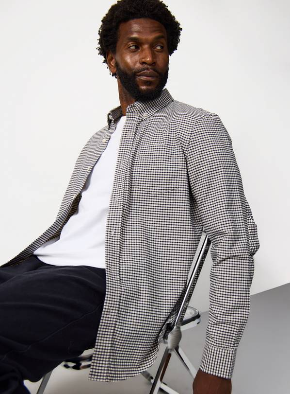 Navy Gingham Print Long Sleeve Oxford Shirt M