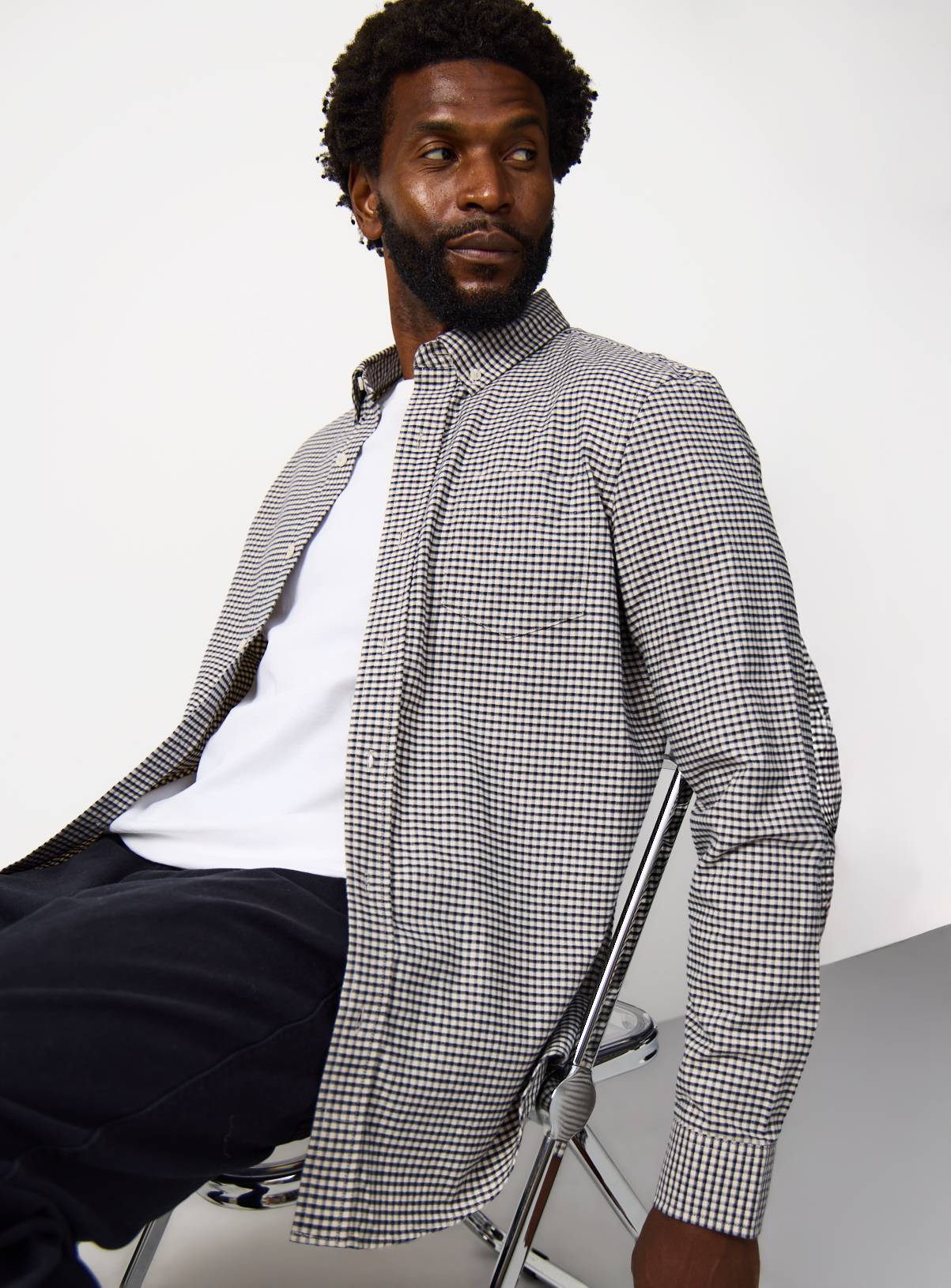 Navy Gingham Print Long Sleeve Oxford Shirt XL - Image 1