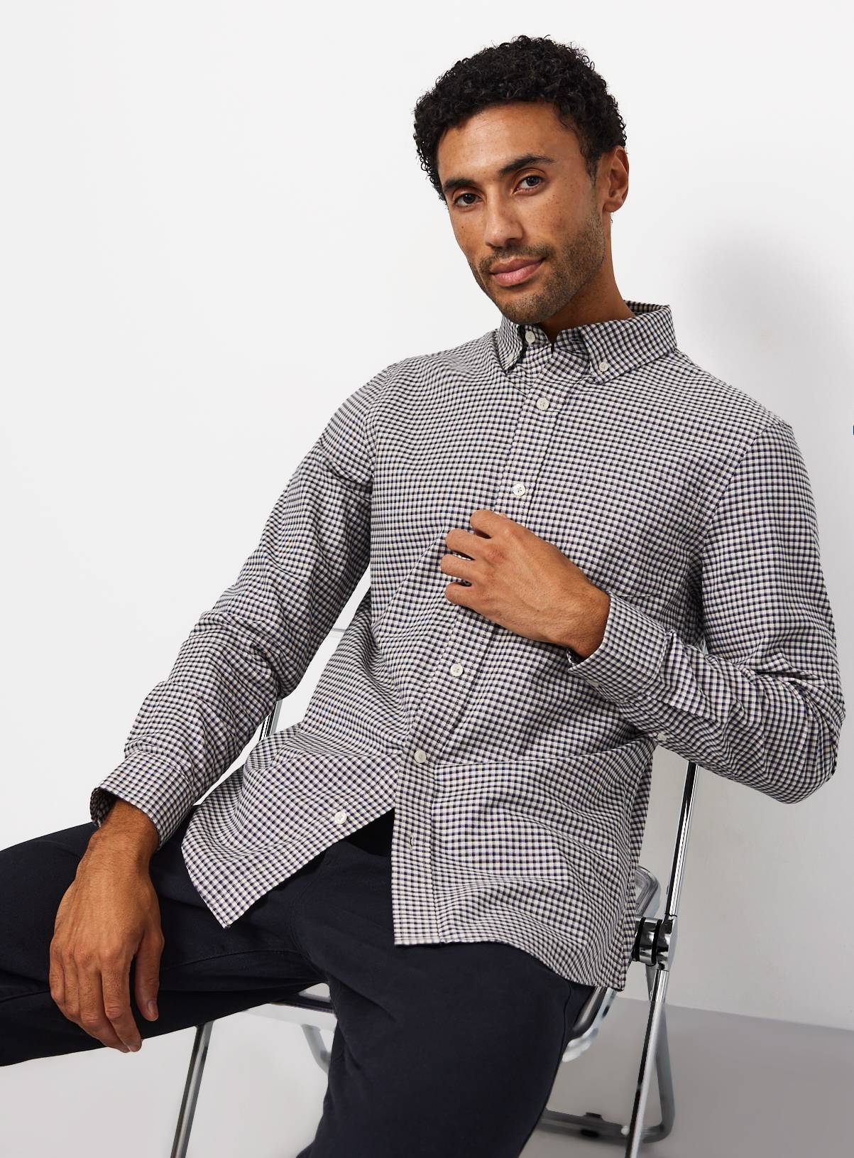 Navy Gingham Slim Fit Oxford Shirt XXXXL - Image 1