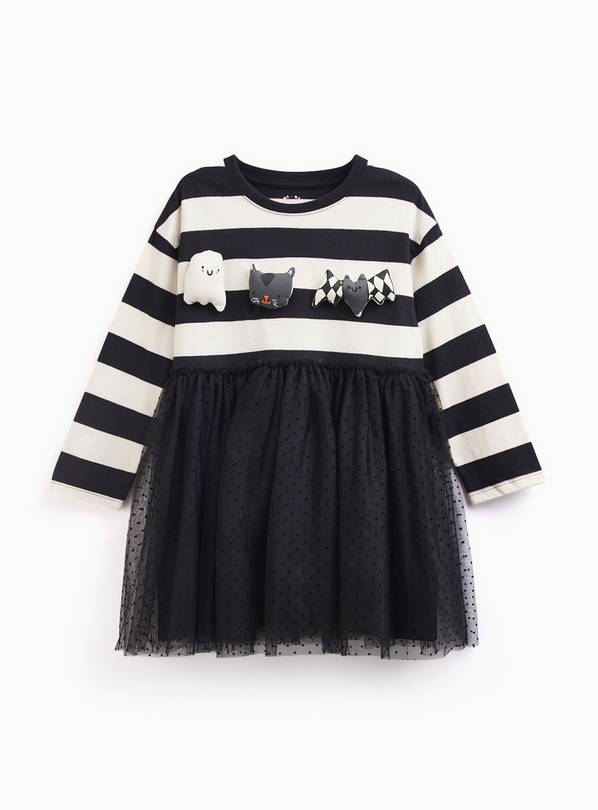 Black & White Striped Halloween Mesh Dress  6-7 years