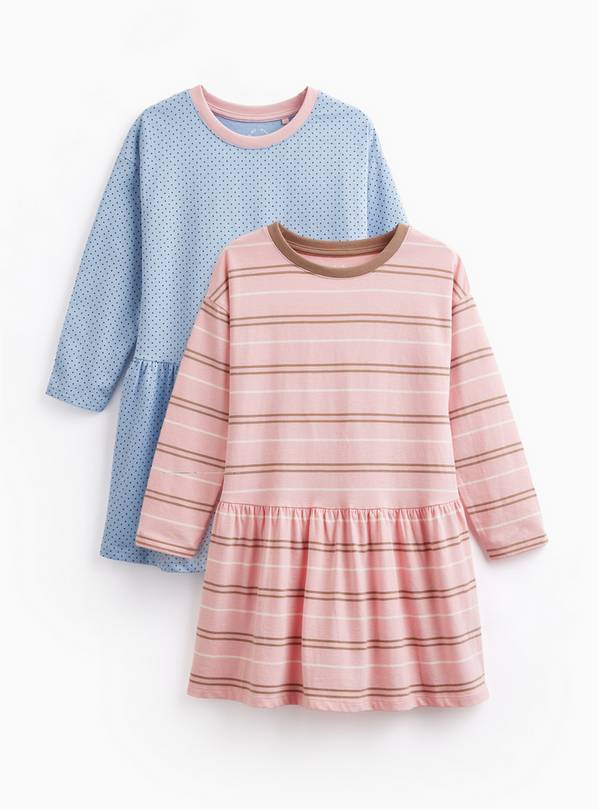 Polka Dot & Stripe Print Drop Hem Dresses 2 Pack 5-6 years