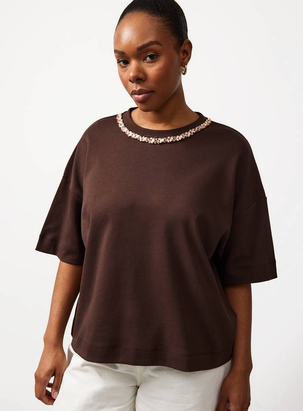 Brown Necklace Embellished Detail T-Shirt XS