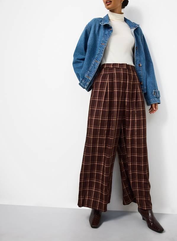 Brown Checked Wide Leg Trousers 16L