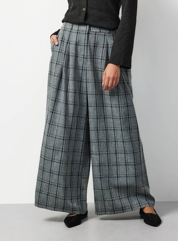 Grey Checked Wide Leg Trousers 14L