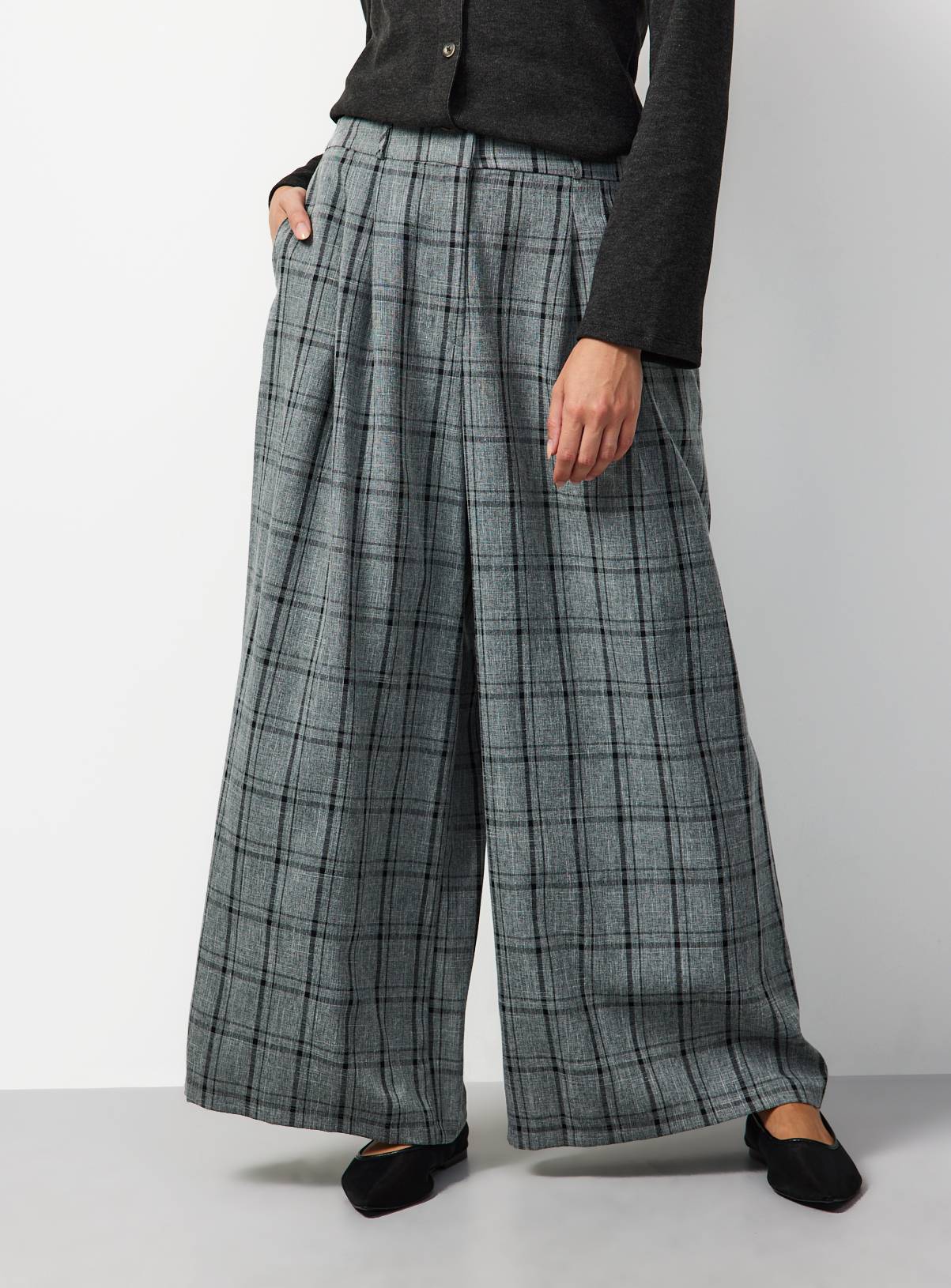 Grey Checked Wide Leg Trousers 10S - Image 1