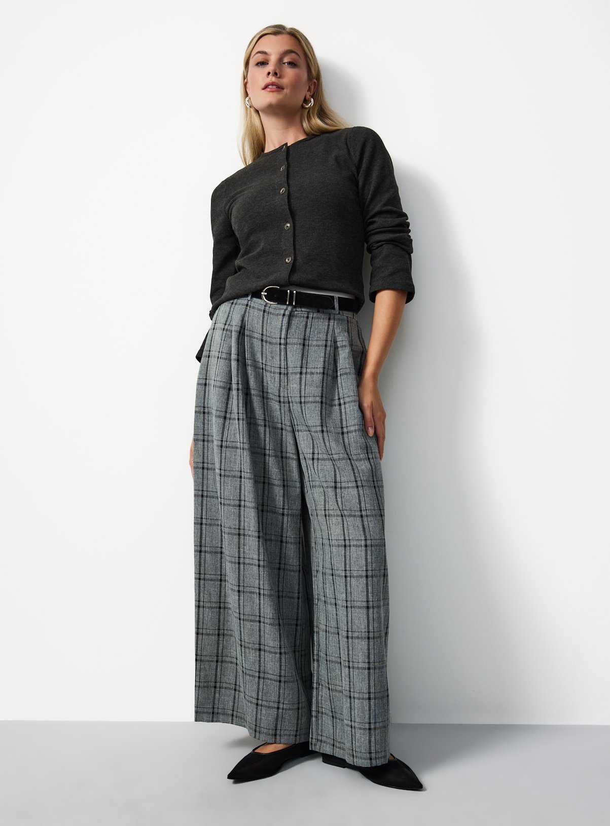 Grey Checked Wide Leg Trousers 10S - Image 2 thumbnail
