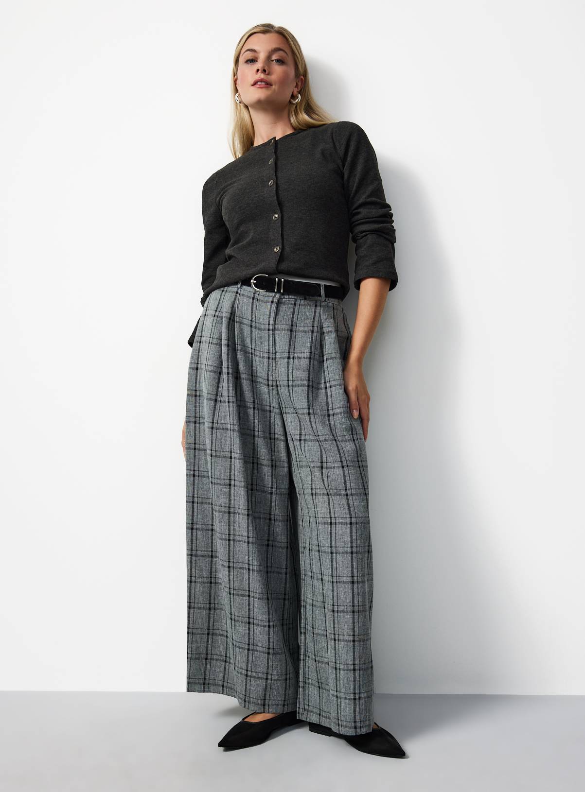 Grey Checked Wide Leg Trousers 10S - Image 2