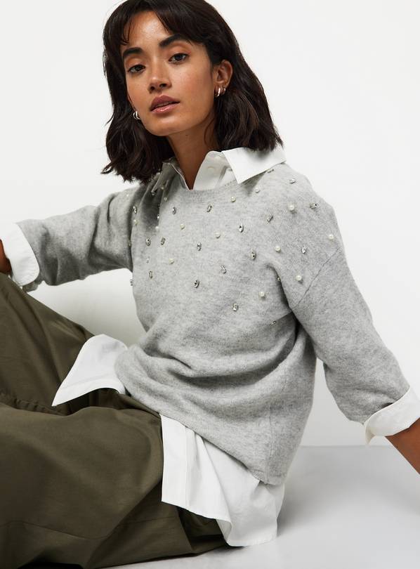 Grey Jewel Detail Knitted Top L