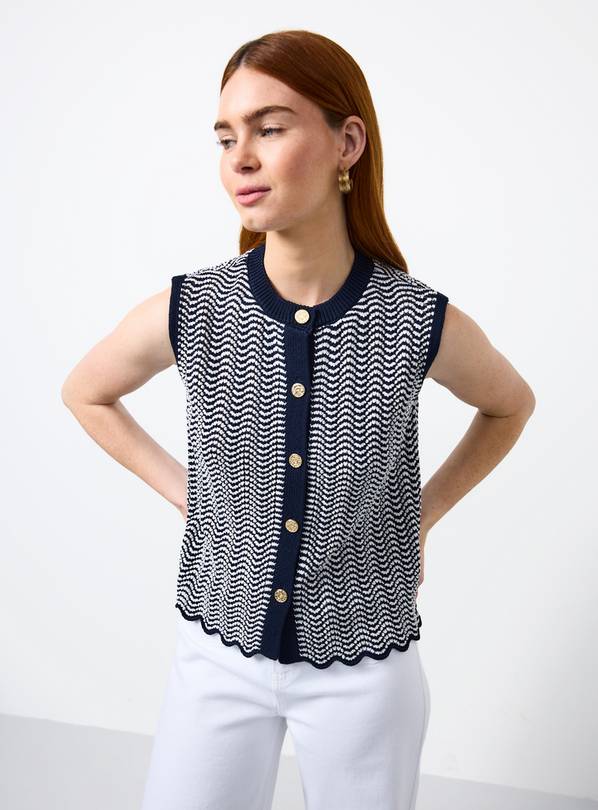 Mono Wavy Stripe Gold Button Waistcoat XS